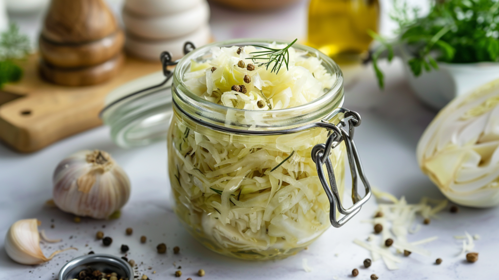 Fermentált zöldségek és üvegek a konyhában